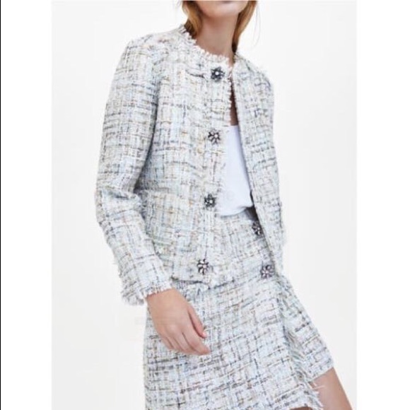 Zara Tweed Weave Textured Blazer Jacket w/ Jewel Buttons Size S NEW - Picture 3 of 5